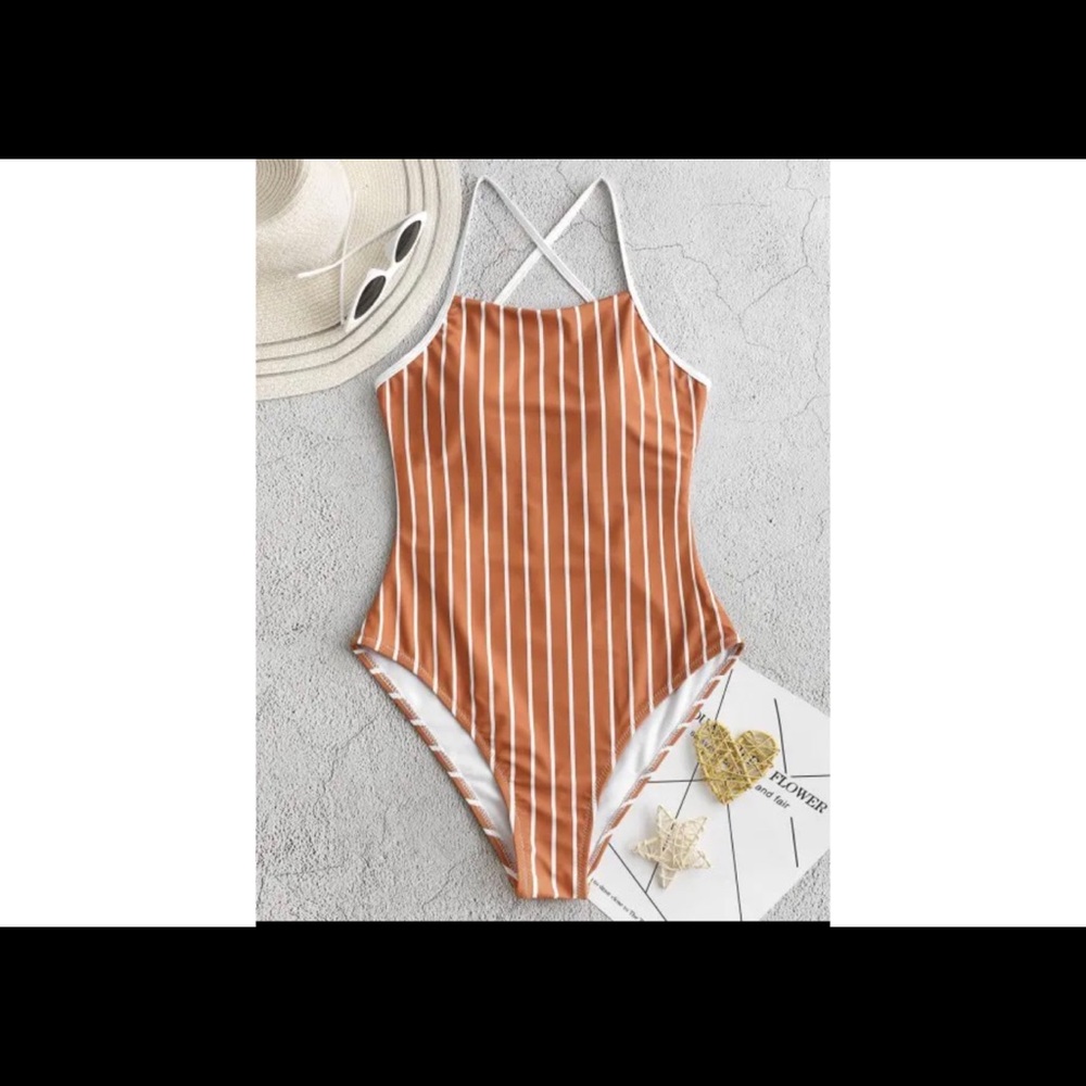 ZAFUL Pinstriped Lace-up One-piece Swimsuit - Rust BNWT